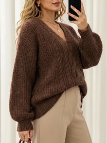 Vionelle Plus Size Women's Fashion Minimalist Casual Twisted Rope Cable Knit Hollow V-Neck Drop Shoulder Long Sleeve Pullover Sweater, Versatile For Commuting And Vacation, Suitable For Spring, Summer, Autumn - Brown - View 1