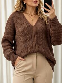 Vionelle Plus Size Women's Fashion Minimalist Casual Twisted Rope Cable Knit Hollow V-Neck Drop Shoulder Long Sleeve Pullover Sweater, Versatile For Commuting And Vacation, Suitable For Spring, Summer, Autumn - Brown - View 3