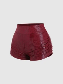 Sweetra Classic Sexy Ruched Bodycon Shorts, Burgundy Textured Fabric, Slimming, Versatile For Christmas, Party Night, Sweet Spicy Style Summer - Burgundy - View 3