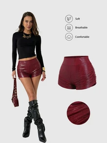 Sweetra Classic Sexy Ruched Bodycon Shorts, Burgundy Textured Fabric, Slimming, Versatile For Christmas, Party Night, Sweet Spicy Style Summer - Burgundy - View 1