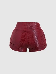 Sweetra Classic Sexy Ruched Bodycon Shorts, Burgundy Textured Fabric, Slimming, Versatile For Christmas, Party Night, Sweet Spicy Style Summer - Burgundy - View 4
