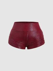 Sweetra Classic Sexy Ruched Bodycon Shorts, Burgundy Textured Fabric, Slimming, Versatile For Christmas, Party Night, Sweet Spicy Style Summer - Burgundy - View 2