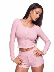 Sweetina Pink Long Sleeve Cardigan T-Shirt And Low Waist Fake Front Shorts Set Lounge Autumn Sexy - Pink - View 1