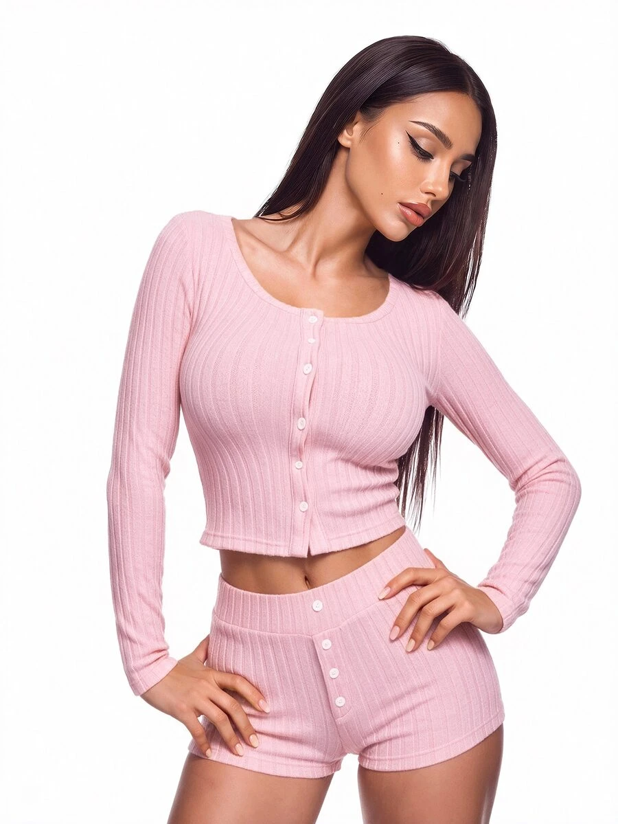 Sweetina Pink Long Sleeve Cardigan T-Shirt And Low Waist Fake Front Shorts Set Lounge Autumn Sexy - Pink - View 1