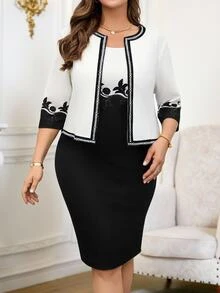 SHEIN Clasi 2pcs Plus Size Set: Fashionable And Elegant Positioned Print Jacket And Dress Fall - Black - View 2