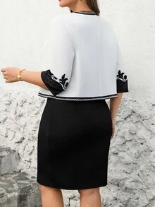 SHEIN Clasi 2pcs Plus Size Set: Fashionable And Elegant Positioned Print Jacket And Dress Fall - Black - View 7