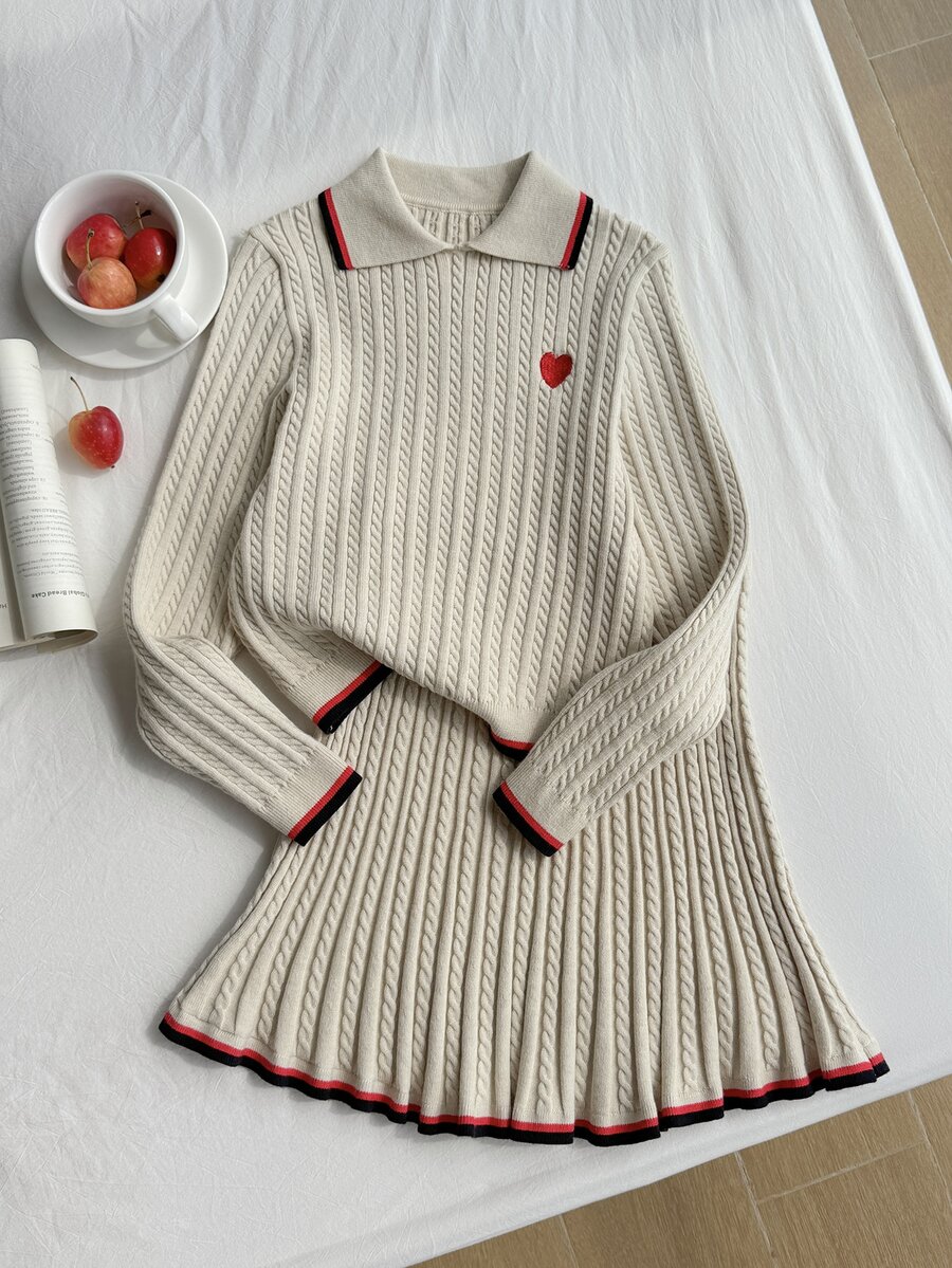 SHEIN 女童針織兩件套,粉色可愛刺繡兔子格紋毛衣 + 針織迷你裙,青少年女款長袖V領套頭衫,休閒優雅風格,適合秋冬 - 彩色 - 查看 1