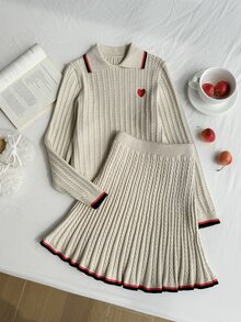 SHEIN 女童針織兩件套，粉色可愛刺繡兔子格紋毛衣 + 針織迷你裙，青少年女款長袖V領套頭衫，休閒優雅風格，適合秋冬 - 彩色 - 查看 3