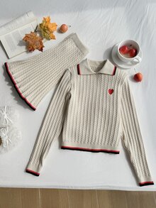 SHEIN 女童針織兩件套，粉色可愛刺繡兔子格紋毛衣 + 針織迷你裙，青少年女款長袖V領套頭衫，休閒優雅風格，適合秋冬 - 彩色 - 查看 2