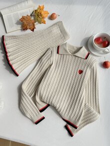 SHEIN 女童針織兩件套，粉色可愛刺繡兔子格紋毛衣 + 針織迷你裙，青少年女款長袖V領套頭衫，休閒優雅風格，適合秋冬 - 彩色 - 查看 4