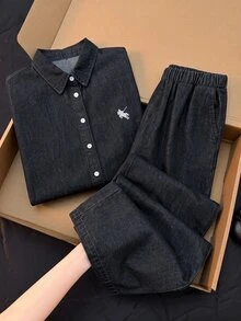 SHEIN EZwear 女款印花單排扣長袖襯衫與彈性腰雙口袋休閒牛仔褲 2 件套 - 黑色 - 查看 6
