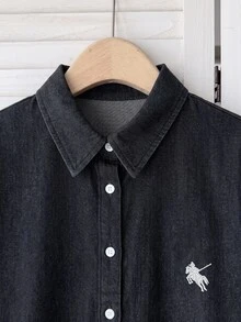 SHEIN EZwear 女款印花單排扣長袖襯衫與彈性腰雙口袋休閒牛仔褲 2 件套 - 黑色 - 查看 3