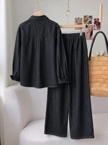 SHEIN EZwear 女款印花單排扣長袖襯衫與彈性腰雙口袋休閒牛仔褲 2 件套 - 黑色 - 查看 2