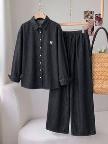 SHEIN EZwear 女款印花單排扣長袖襯衫與彈性腰雙口袋休閒牛仔褲 2 件套 - 黑色 - 查看 5