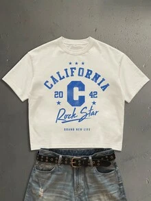 StoneGrade 美式復古英文字母大學體時尚印花男士杏色標準尺寸短版寬鬆短袖T恤 - 杏色 - 查看 1