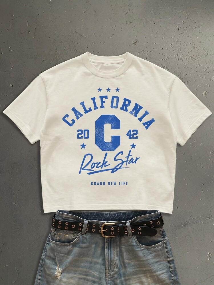 StoneGrade Kaos Lengan Pendek Longgar Bergaya Retro Amerika dengan Cetakan Huruf Inggris, Font Kuliah, Warna Aprikot, Ukuran Standar Pria. - Aprikot - View 1