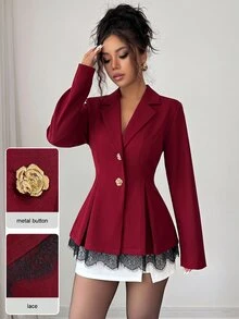 Modelyn Blazer dengan Lipatan Renda Kontras, Lipit, dan Plaket Bunga Logam - Burgundy - View 8
