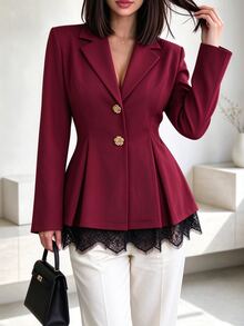 Modelyn Blazer dengan Lipatan Renda Kontras, Lipit, dan Plaket Bunga Logam - Burgundy - View 2