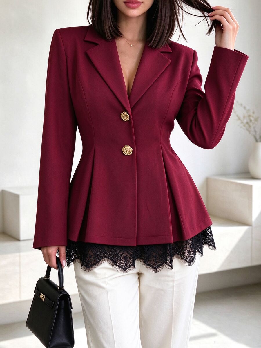 Modelyn Blazer dengan Lipatan Renda Kontras, Lipit, dan Plaket Bunga Logam
