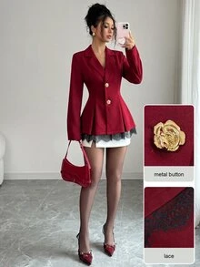 Modelyn Blazer dengan Lipatan Renda Kontras, Lipit, dan Plaket Bunga Logam - Burgundy - View 5