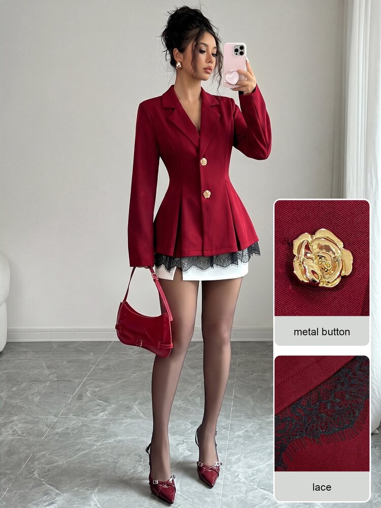 Modelyn 對比色蕾絲摺疊百褶金屬花朵門襟西裝外套 - 酒紅色 - 查看 4
