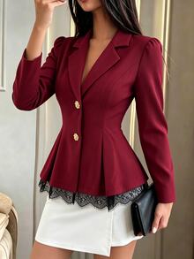 Modelyn Blazer dengan Lipatan Renda Kontras, Lipit, dan Plaket Bunga Logam - Burgundy - View 4