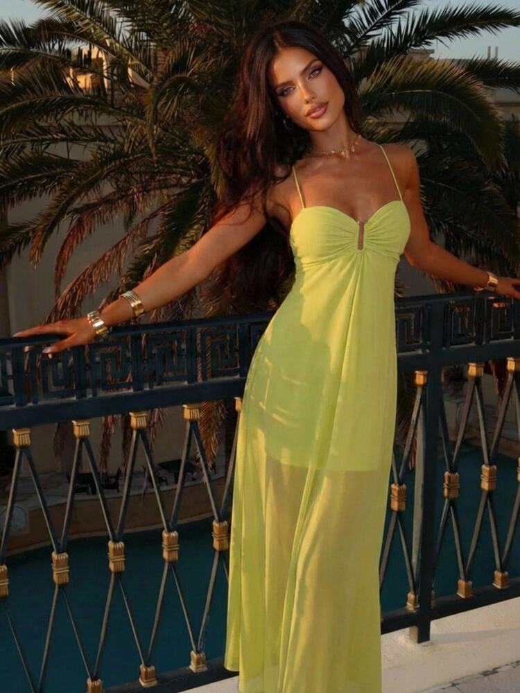 Aloruh Women's Solid Color Backless Halter Dress, Summer Outfits Beach Night Out Vacation For Woman Vacation Boho Sexy Tropical, Light Green - Green - View 1