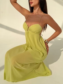 Aloruh Women's Solid Color Backless Halter Dress, Summer Outfits Beach Night Out Vacation For Woman Vacation Boho Sexy Tropical, Light Green - Green - View 8