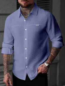 Manfinity CasualCool Men's Minimalist Textured Single-Breasted Denim Long Sleeve Shirt - Dusty Blue - View 4