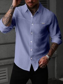 Manfinity CasualCool Men's Minimalist Textured Single-Breasted Denim Long Sleeve Shirt - Dusty Blue - View 3