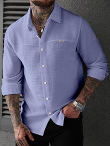 Manfinity CasualCool Men's Minimalist Textured Single-Breasted Denim Long Sleeve Shirt - Dusty Blue - View 2