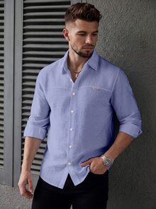 Manfinity CasualCool Men's Minimalist Textured Single-Breasted Denim Long Sleeve Shirt - Dusty Blue - View 1