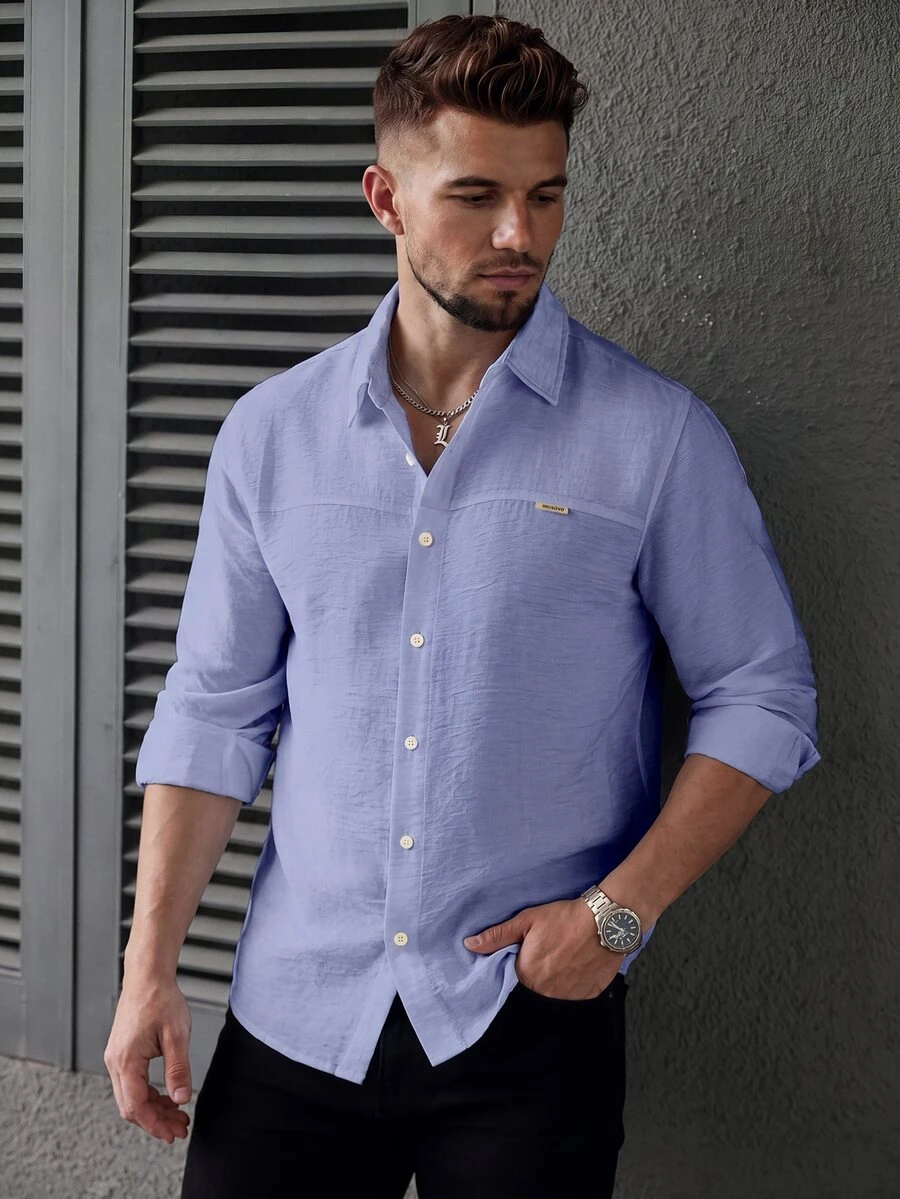 Manfinity CasualCool Men's Minimalist Textured Single-Breasted Denim Long Sleeve Shirt - Dusty Blue - View 1