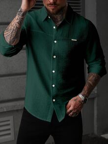 Manfinity CasualCool Men's Solid Color Single-Breasted Shirt, Structured Micro-Texture - Dark Green - View 4