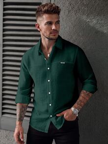 Manfinity CasualCool Men's Solid Color Single-Breasted Shirt, Structured Micro-Texture - Dark Green - View 1
