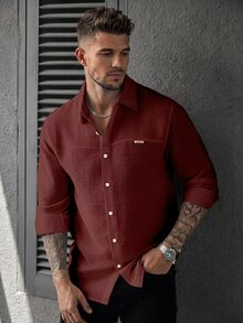 Manfinity CasualCool Men's Long Sleeve Textured Solid Color Fashion Shirt, Ceremony - Burgundy - View 1