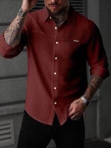 Manfinity CasualCool Men's Long Sleeve Textured Solid Color Fashion Shirt, Ceremony - Burgundy - View 4