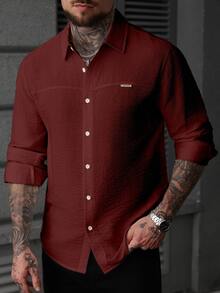 Manfinity CasualCool Men's Long Sleeve Textured Solid Color Fashion Shirt, Ceremony - Burgundy - View 2