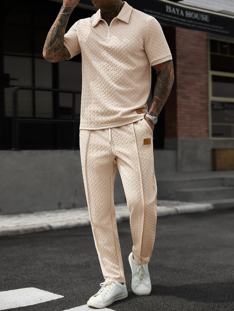 Manfinity CasualCool Men's Beige Casual Vacation Knit 2 Pieces Set, Short Sleeve Zipper Polo And Long Pants Design Easy To Match - Khaki - View 5