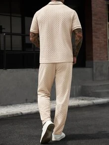 Manfinity CasualCool Men's Beige Casual Vacation Knit 2 Pieces Set, Short Sleeve Zipper Polo And Long Pants Design Easy To Match - Khaki - View 12