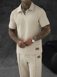 Manfinity CasualCool Men's Beige Casual Vacation Knit 2 Pieces Set, Short Sleeve Zipper Polo And Long Pants Design Easy To Match - Khaki - View 11