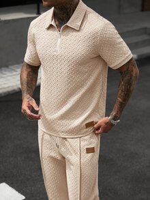 Manfinity CasualCool Men's Beige Casual Vacation Knit 2 Pieces Set, Short Sleeve Zipper Polo And Long Pants Design Easy To Match - Khaki - View 6