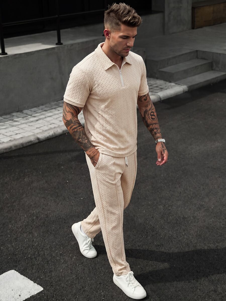 Manfinity CasualCool Men's Beige Casual Vacation Knit 2 Pieces Set, Short Sleeve Zipper Polo And Long Pants Design Easy To Match - Khaki - View 1