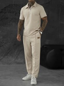 Manfinity CasualCool Men's Beige Casual Vacation Knit 2 Pieces Set, Short Sleeve Zipper Polo And Long Pants Design Easy To Match - Khaki - View 9