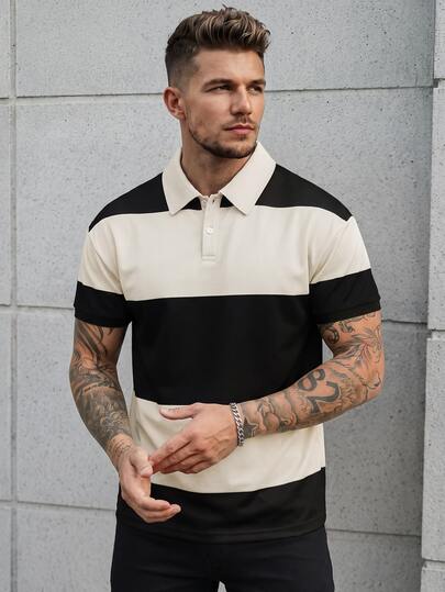Manfinity CasualCool Men's Striped Polo Shirt With Turndown Collar,Black Summer Casual City Break Knitted Golf Shirt,College Style Pattern Buttoned Rugby Polo For Men