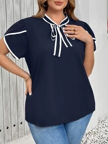 SHEIN Clasi 大码女式荷叶边抽绳领短袖休闲衬衫 - 藏蓝色 - 查看 3