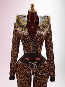 Amplova Women's Leopard Print Sweatshirt Top With Fur Patchwork, Fur Collar And Rhinestone Details, Avant-Garde Sexy Autumn/Winter - Coffee Brown - View 15