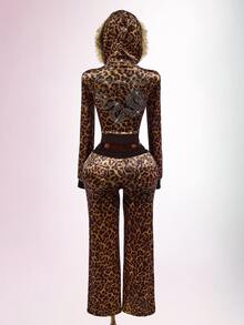 Amplova Women's Leopard Print Sweatshirt Top With Fur Patchwork, Fur Collar And Rhinestone Details, Avant-Garde Sexy Autumn/Winter - Coffee Brown - View 12