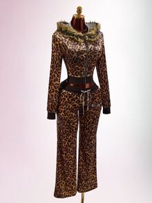 Amplova Women's Leopard Print Sweatshirt Top With Fur Patchwork, Fur Collar And Rhinestone Details, Avant-Garde Sexy Autumn/Winter - Coffee Brown - View 6