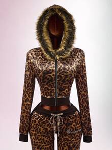 Amplova Women's Leopard Print Sweatshirt Top With Fur Patchwork, Fur Collar And Rhinestone Details, Avant-Garde Sexy Autumn/Winter - Coffee Brown - View 2